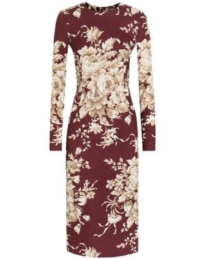 Dolce & Gabbana Floral-Print Long-Sleeve Midi Dress - Red