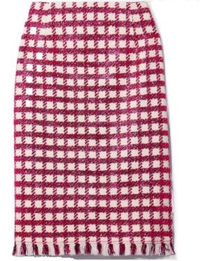 Oscar de la Renta Frayed Checked Metallic Wool-Blend Tweed Skirt - Red