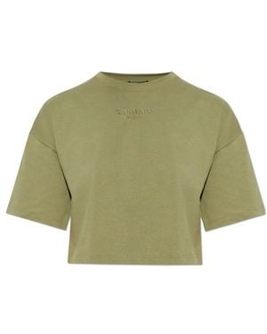 Balmain Logo Embroidered Cropped T-Shirt - Green