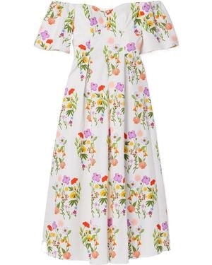 Borgo De Nor Gracie Off-The-Shoulder Pleated Printed Cotton-Blend Piqué Dress - White