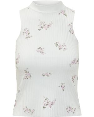 MSGM Floral Printed Ribbed Top - White