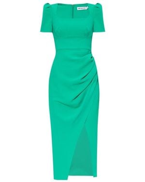 Self-Portrait Gathered-Detail Midi Dress - Green