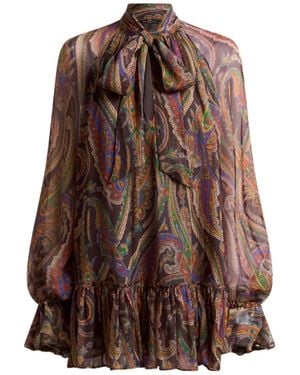 Etro Paisley Bow-Neck Ruffled Dress - Brown