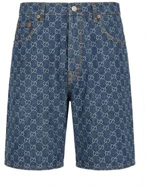 Gucci Leather-Trimmed Denim Bermuda Shorts - Blue