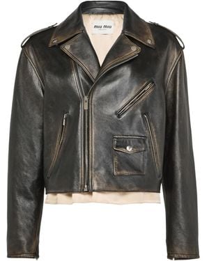 Miu Miu Long-Sleeved Leather Jacket - Black