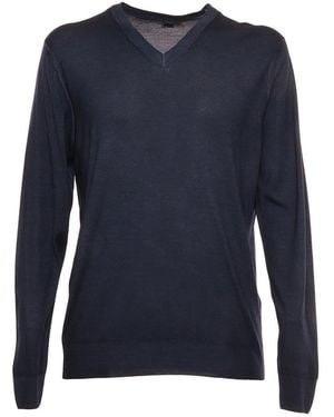 Fedeli Long-Sleeved V-Neck Knitted Jumper - Blue