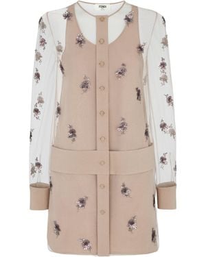 Fendi Floral Embellished Sheer Sleeved Mini Dress - Natural