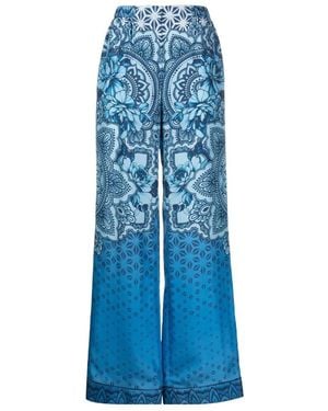 Alberta Ferretti Silk Graphic-Print Wide-Leg Trousers - Blue