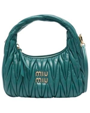 Miu Miu Wander Matelassé Logo Plaque Mini Hobo Bag - Green