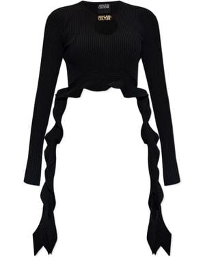 Versace Jeans Couture Ruffled Ribbed-Knit Cropped Top - Black