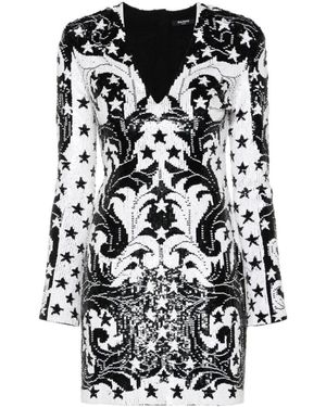 Balmain V-Neck Sequin Embellished Mini Dress - Black
