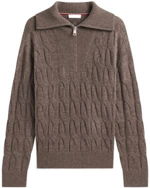 Tommy Hilfiger Cable-Knit Quarter-Zip Sweater - Brown