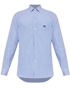 Etro Pegaso Embroidered Pinstriped Long-Sleeved Shirt - Blue