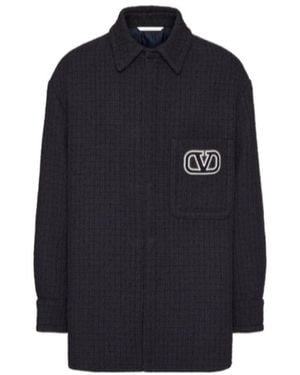 Valentino Cotton And Viscose Tweed Shirt Jacket With Vlogo Signature Patch - Blue