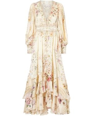 CAMILLA Crystal-Embellished Tiered Floral-Print Silk-Chiffon Midi Dress - Natural