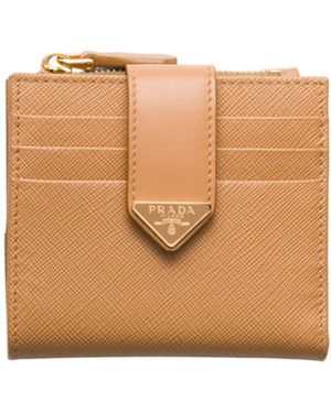 Prada Small Saffiano And Smooth Leather Wallet - Natural
