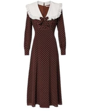 Alessandra Rich Polka-Dot Ruffled Silk Midi Dress - Brown