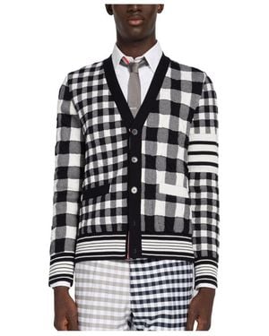 Thom Browne 4-Bar Stripe Gingham-Check Cardigan - White