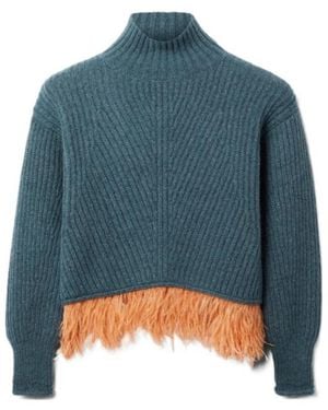 La DoubleJ High-Neck Feather-Trim Jumper - Blue