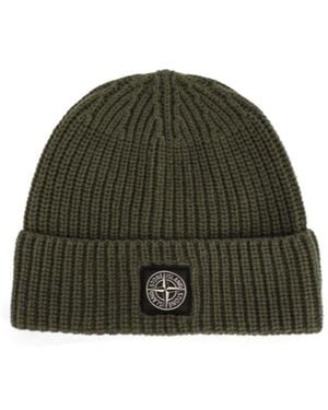 Stone Island Logo Patch Ribbed Beanie - Green