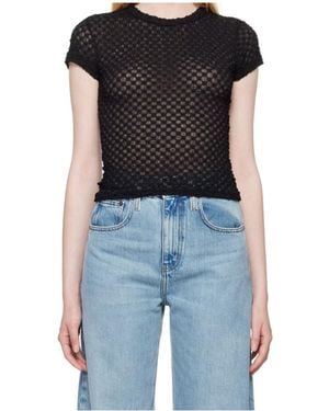 FRAME Mesh Lace Round-Neck Top - Black