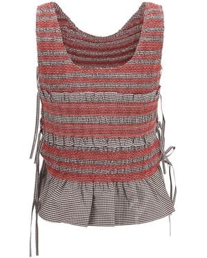 Ganni Check-Print Smocked Top - Red