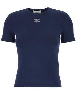Celine T-Shirt With Triomphe Logo Embroidery On The Front - Blue