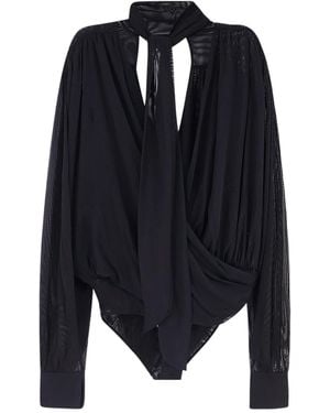 Amazuìn Draped Tie-Neck Bodysuit Top - Black