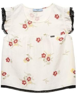 Prada Linen Top With Floral Motif - Natural