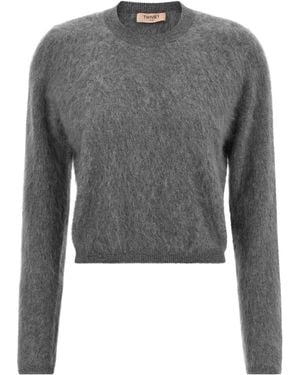 Twinset Fuzzy Long-Sleeved Crewneck Knitted Jumper - Grey