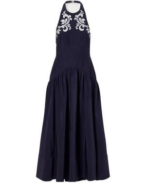 ALÉMAIS Crystal-Embellished Appliquéd Embroidered Halterneck Maxi Dress - Blue