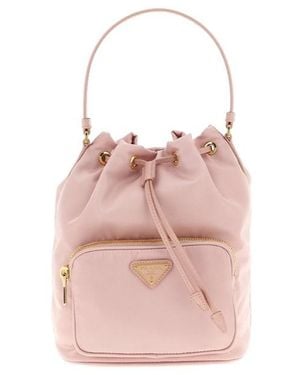 Prada Re-Nylon Triangle-Logo Drawstring Bucket Bag - Pink
