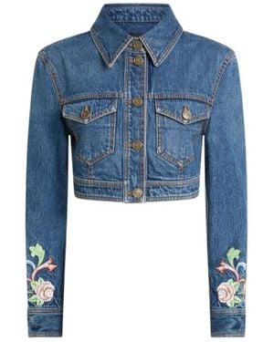 Etro Cropped Denim Jacket With Floral Embroidery - Blue