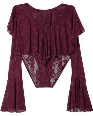 Norma Kamali Long Sleeve Deep V Ruffle Bodysuit - Purple