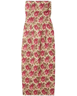 Posse Rosalie Strapless Pintucked Floral-Print Linen Midi Dress - Red