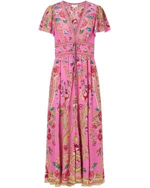 CAMILLA Embroidered Printed Silk Maxi Dress - Pink
