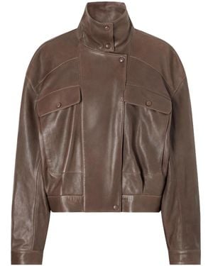 Nour Hammour Quincy Cropped Paneled Leather Bomber - Brown