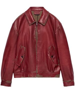Prada Bonded Nappa Leather And Houndstooth Check Fabric Jacket - Red