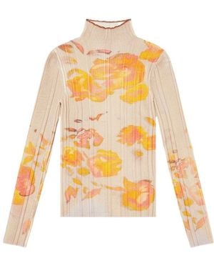 DIESEL Ribbed Wool Turtleneck Top With Floral-Print - White