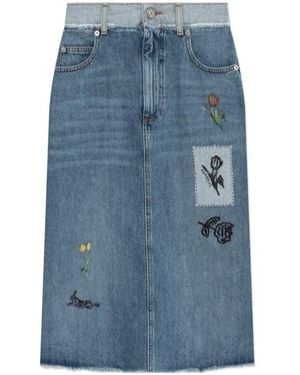 Marni Embroidered-Floral Denim Midi Skirt - Blue