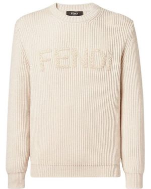 Fendi Logo Lettering Crewneck Jumper - Natural