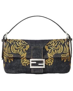 Fendi Baguette 26424 Dark Denim Bag With Embroidery - Black