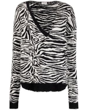 Saint Laurent Zebra Patterned V-Neck Jumper - Black