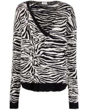 Saint Laurent Zebra Patterned V-Neck Jumper - Black