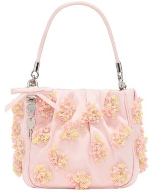 Self-Portrait Satin Floral Beaded Tote Bag - Pink