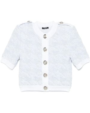 Balmain Short-Sleeve Tweed Cardigan - White