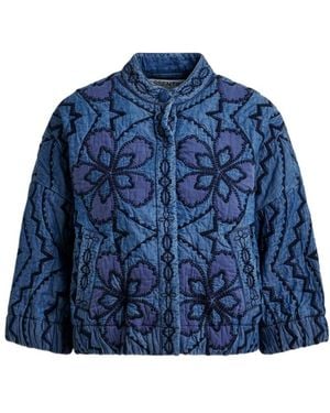 Essentiel Antwerp Quilted Embroidered Short Denim Jacket - Blue
