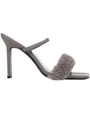 BY FAR Shearling Strap Open Toe Heels - Metallic