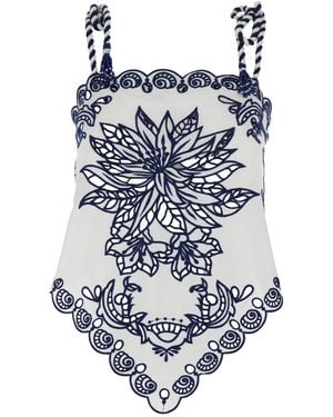 FARM Rio Floral-Embroidered Scalloped Trim Top - Blue