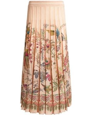 Etro Pleated Cotton-Blend Midi Skirt With Placed Flora And Fauna Print - Natural